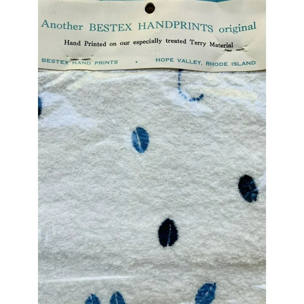 Vintage Hand Printed Kitchen Towel Bestex Blue White Teapot Breakfast USA Made